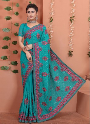 Strange Firozi Georgette Designer Traditional Saree