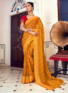 Strange Mustard Foil Print Traditional Saree