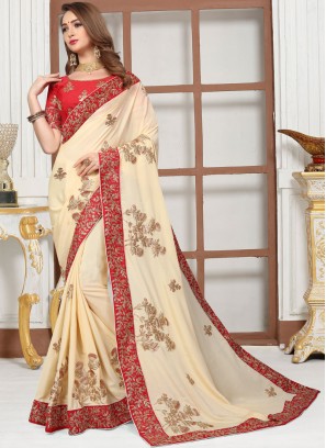 Strange Satin Cream Classic Saree