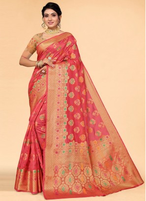 Strange Woven Pink Contemporary Saree