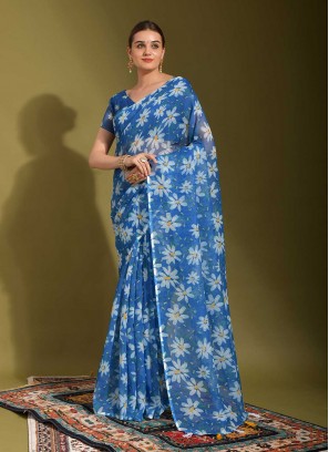 Striking Linen Blue Printed Contemporary Saree