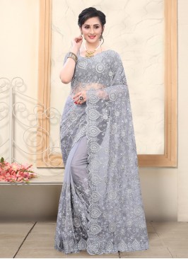 Striking Net Grey Embroidered Designer Saree