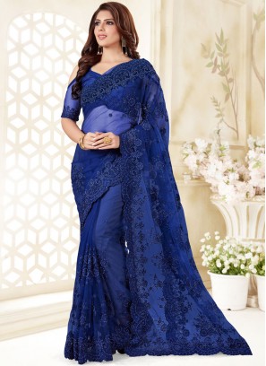 Striking Resham Blue Classic Designer Saree