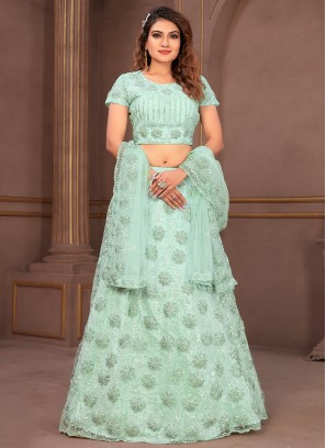 Striking Sea Green Sequins Net A Line Lehenga Choli