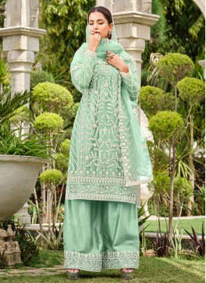 Striking Stone Work Sea Green Net Salwar Suit