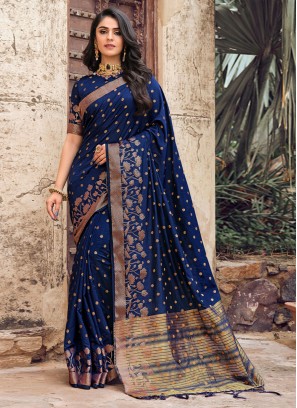 Striking Woven Raw Silk Navy Blue Saree