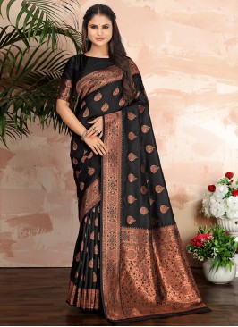 Stunning Banarasi Silk Black Woven Classic Saree