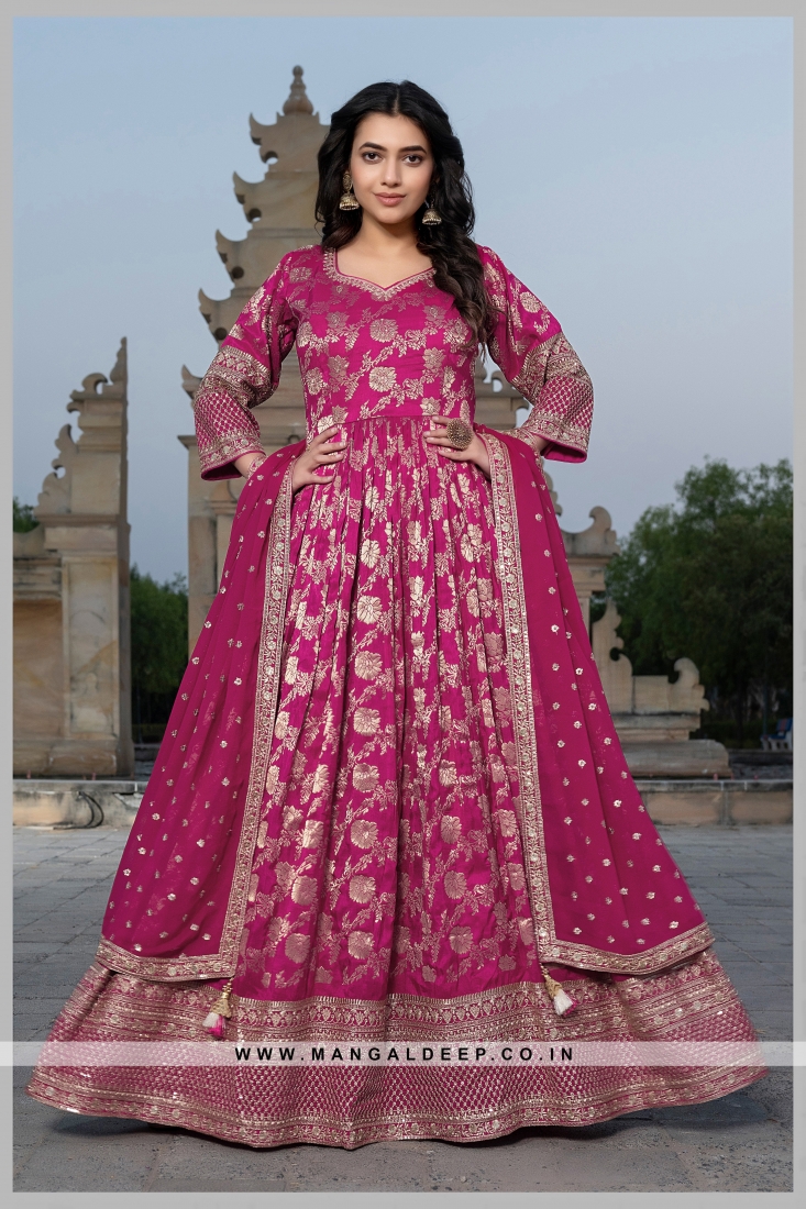 Tvis and Bliss. Full Length Blottle Green and Pink Silk Embroidery Work Gown  Set with Banarasi Dupatta