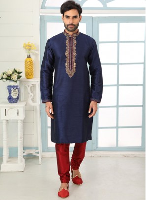 Stunning Blue Color Art Silk Embroidered Kurta Pajama