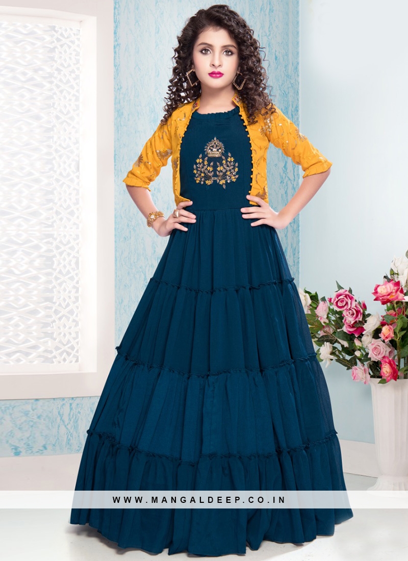 Stunning Blue Color Party Wear Gown For Kids