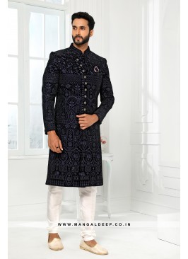 Stunning Blue Embroidered Art SIlk Wedding Wear Sherwani Set