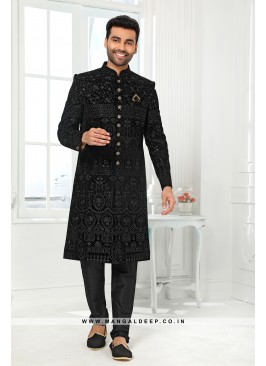 Stunning Black Embroidered Art SIlk Wedding Wear Sherwani Set