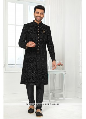 Stunning Black Embroidered Art SIlk Wedding Wear Sherwani Set