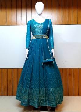 Stunning Blue Embroidered Pure Georgette Designer Gown