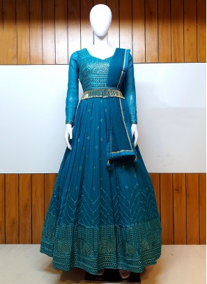 Stunning Blue Embroidered Pure Georgette Designer Gown