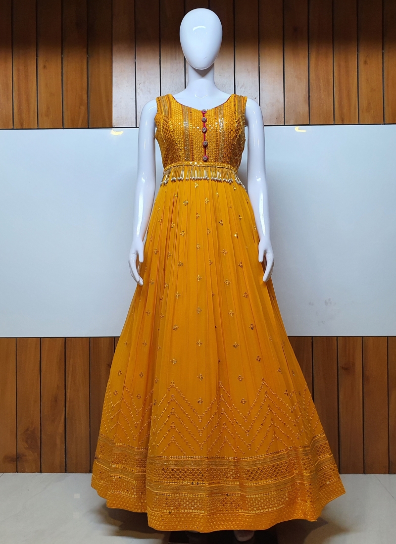 Buy Monghiba Yellow Gown Set for Women, Georgette Designer Gown for Haldi  Ceremony, Stylish Designer Gown with Dupatta and Bottom at Amazon.in