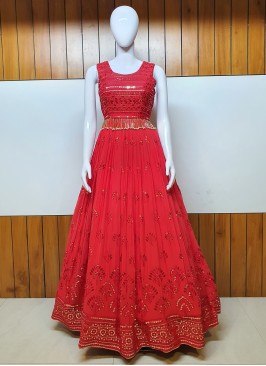 Stunning Red Embroidered Pure Georgette Designer Gown