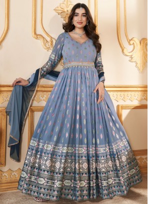 Stunning Blue Faux Georgette Designer Gown