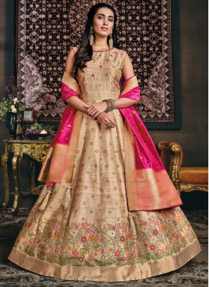 Stunning Beige Thread work Jaquard Silk Designer Gown