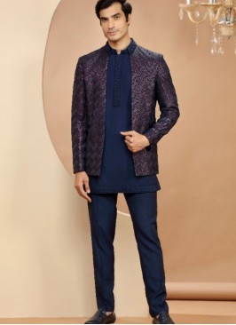 Stunning Dark Blue Silk Indowestern Suit For Reception
