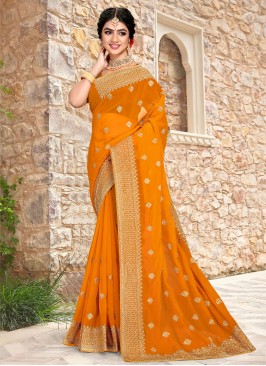 Stunning Embroidered Georgette Orange Trendy Saree