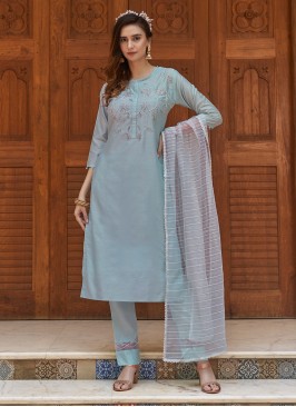 Stunning Embroidered Grey Chinon Pant Style Suit