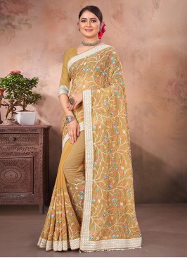 Stunning Embroidered Mustard Contemporary Style Saree