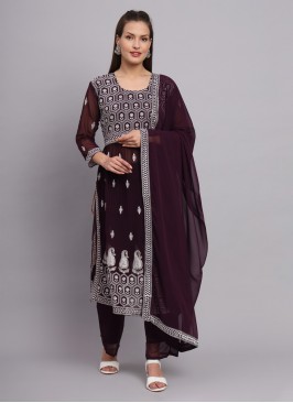 Stunning Faux Georgette Purple Embroidered Designer Salwar Kameez