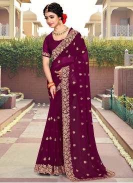 Stunning Georgette Embroidered Magenta Trendy Saree