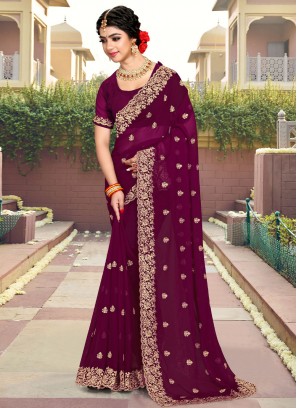 Stunning Georgette Embroidered Magenta Trendy Saree