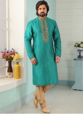 Stunning Green Color Art Silk Embroidered Kurta Pa