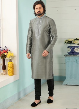 Stunning Grey Color Art Silk Embroidered Kurta Pajama