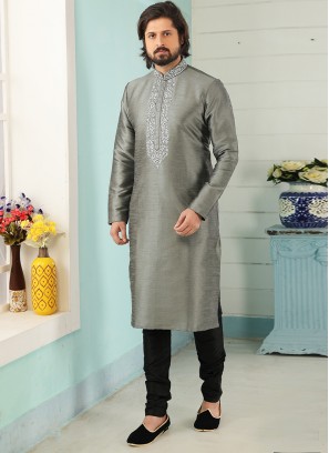 Stunning Grey Color Art Silk Embroidered Kurta Pajama