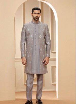 Stunning Grey Raw Silk Indowestern Suit For Reception