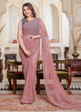 Stunning Light Pink Tikli Worked Heavy Natting Party Wear Saree