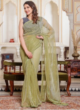 Stunning Green Tikli Worked Heavy Natting Party Wear Saree