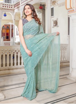 Stunning Sky Tikli Worked Heavy Natting Party Wear Saree