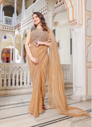 Stunning Peach Tikli Worked Heavy Natting Party Wear Saree