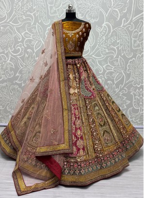Stunning Multi Colour Diamond Velvet Trendy Lehenga Choli