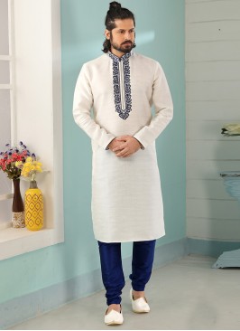 Stunning Off White Color Art Silk Embroidered Kurta Pajama