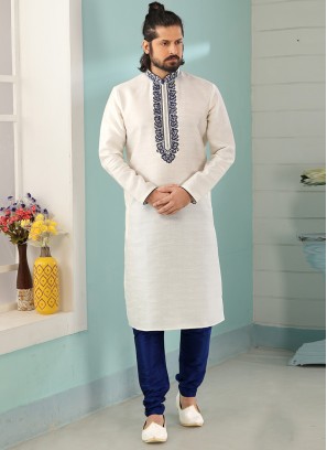 Stunning Off White Color Art Silk Embroidered Kurta Pajama