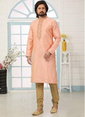 Stunning Peach Color Art Silk Embroidered Kurta Pajama