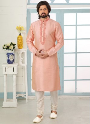 Stunning Peach Color Art Silk Embroidered Kurta Pajama