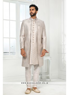 Stunning Light Grey Embroidered Art SIlk Wedding Wear 3 Piece Jacket Set