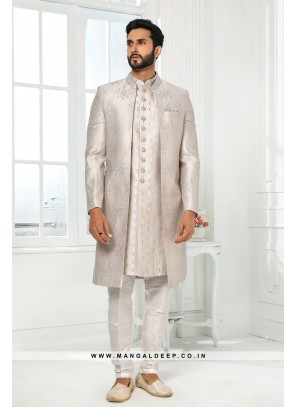 Stunning Light Grey Embroidered Art SIlk Wedding Wear 3 Piece Jacket Set