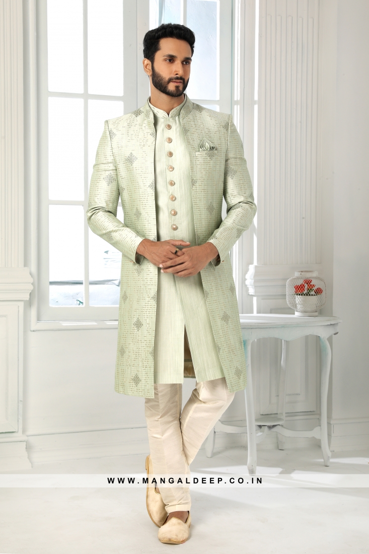Stunning Pista Green Embroidered Art SIlk Wedding Wear 3 Piece Jacket Set