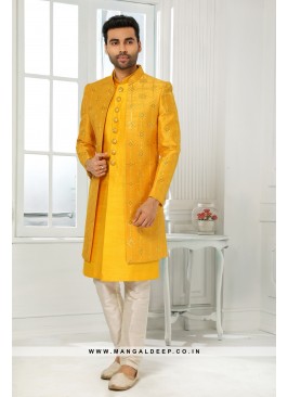 Stunning Yellow Embroidered Art SIlk Wedding Wear 