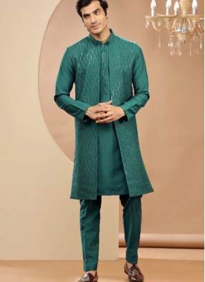 Stunning Rama Green Raw Silk Indowestern Suit