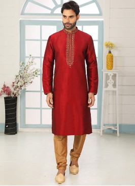 Stunning Red Color Art Silk Embroidered Kurta Paja