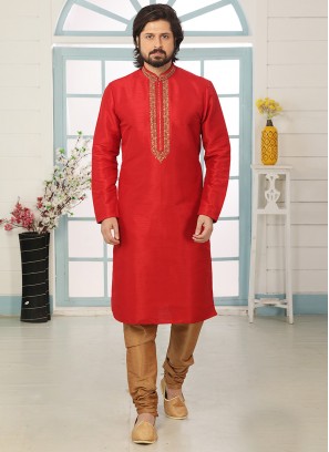 Stunning Red Color Art Silk Embroidered Kurta Pajama